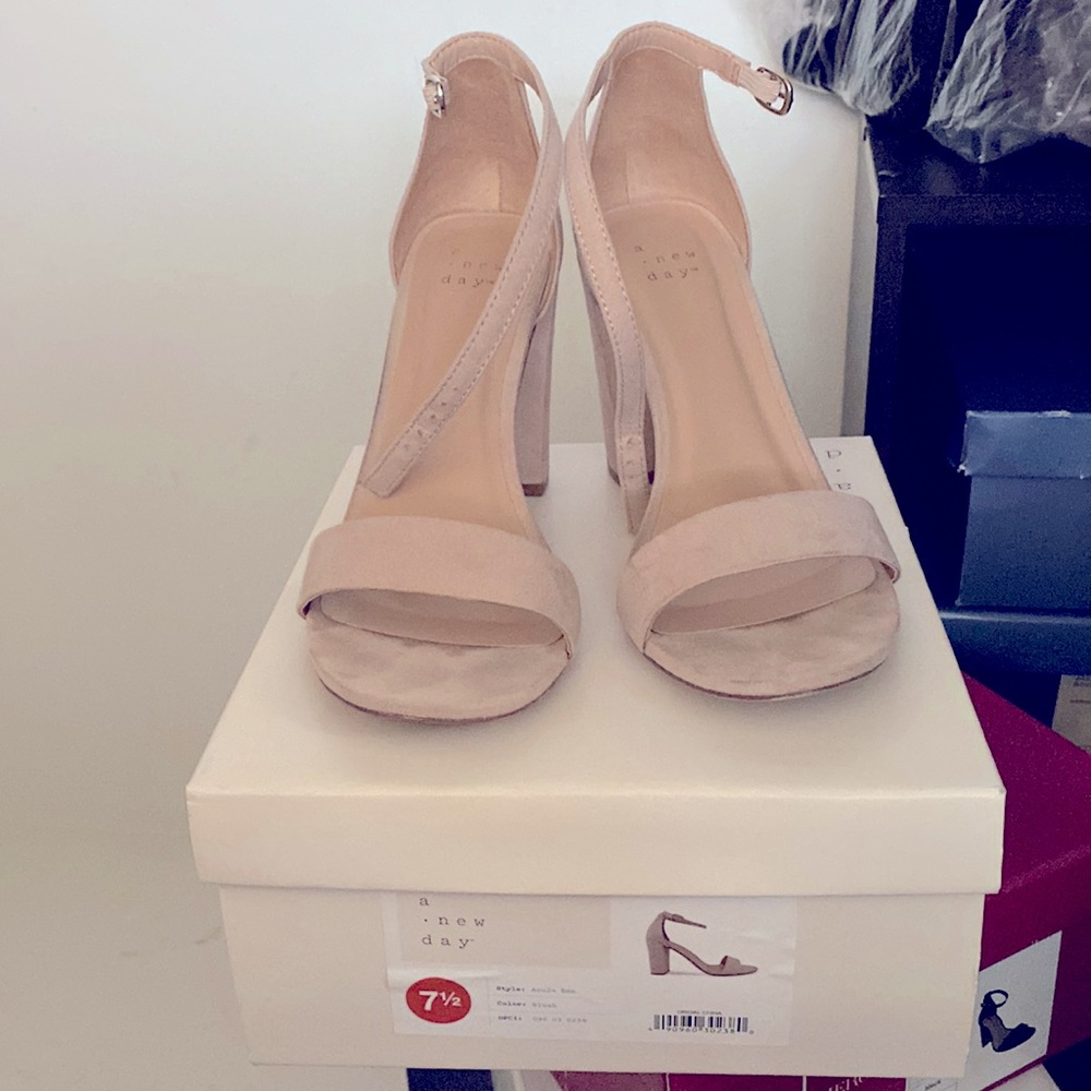 Nude block strap heels